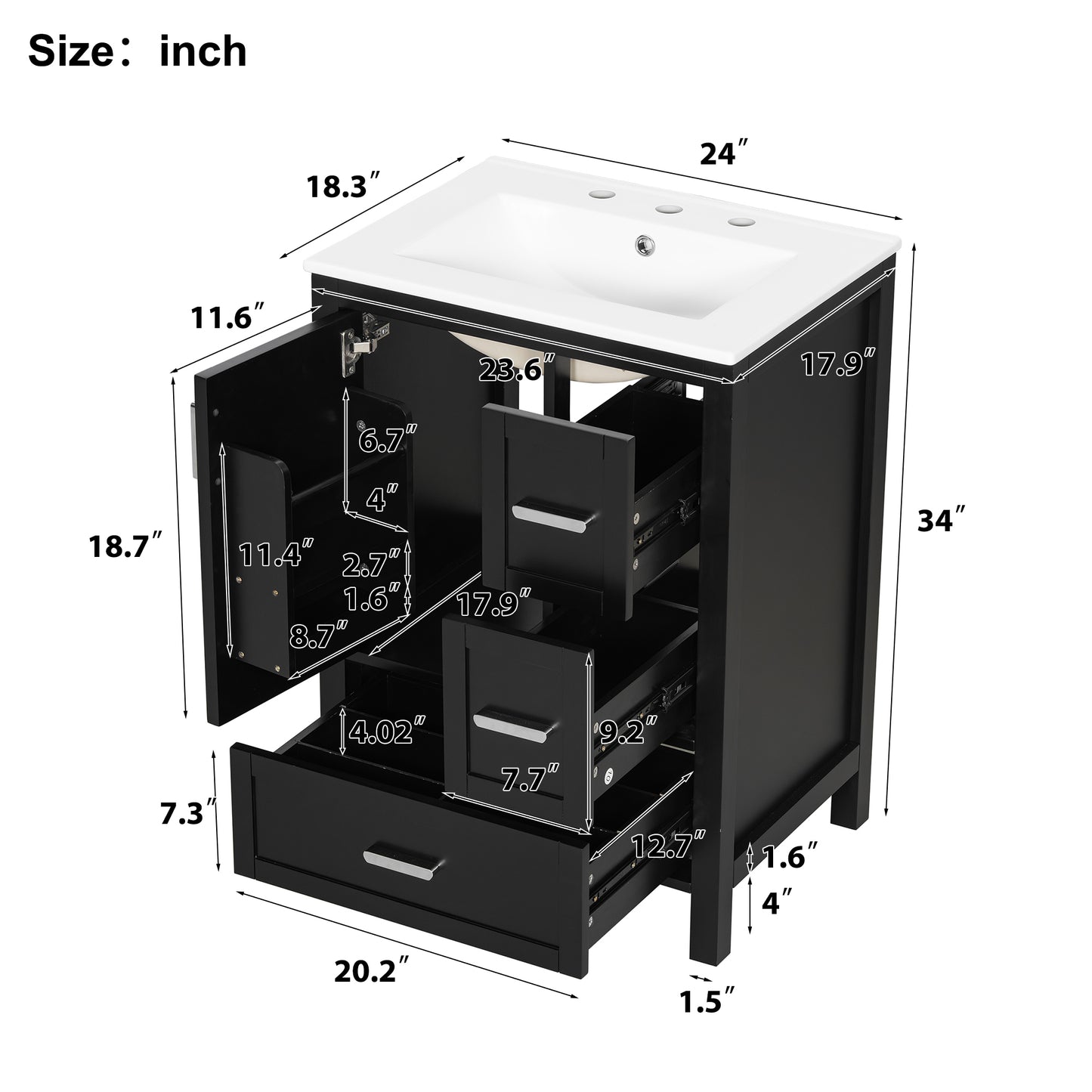 VanityFus Matte Black 24-in Bathroom Vanity Single Sink Combo White Ceramic Top 1 Soft-Close Doors 3 Drawers