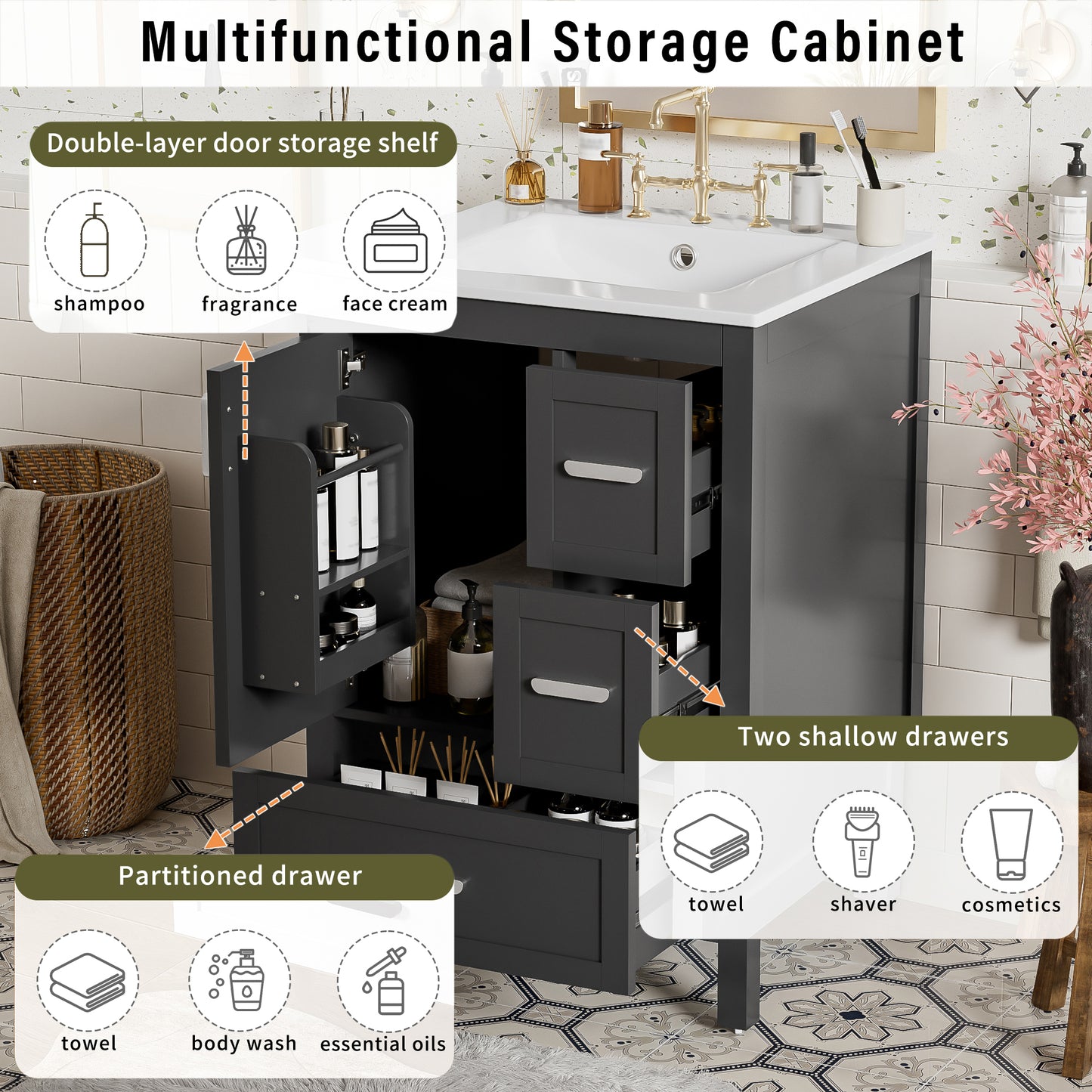 VanityFus Matte Black 24-in Bathroom Vanity Single Sink Combo White Ceramic Top 1 Soft-Close Doors 3 Drawers