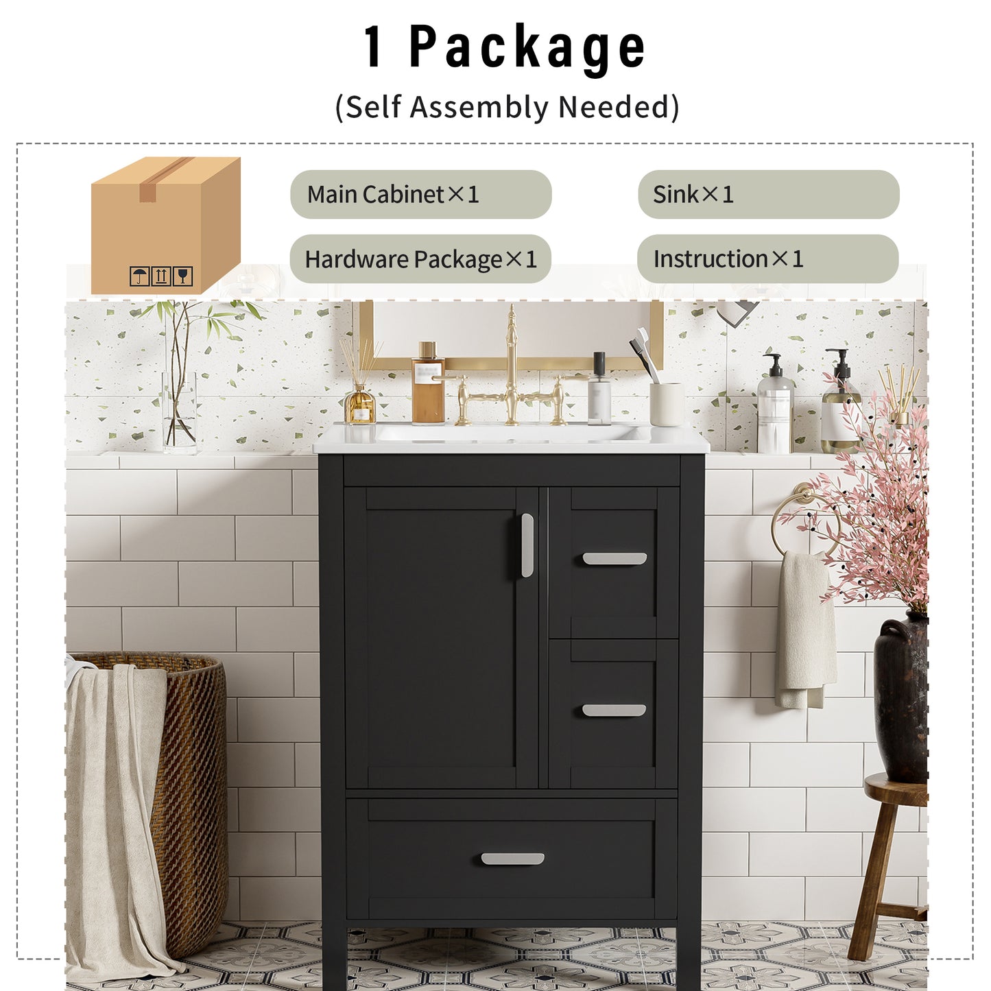 VanityFus Matte Black 24-in Bathroom Vanity Single Sink Combo White Ceramic Top 1 Soft-Close Doors 3 Drawers