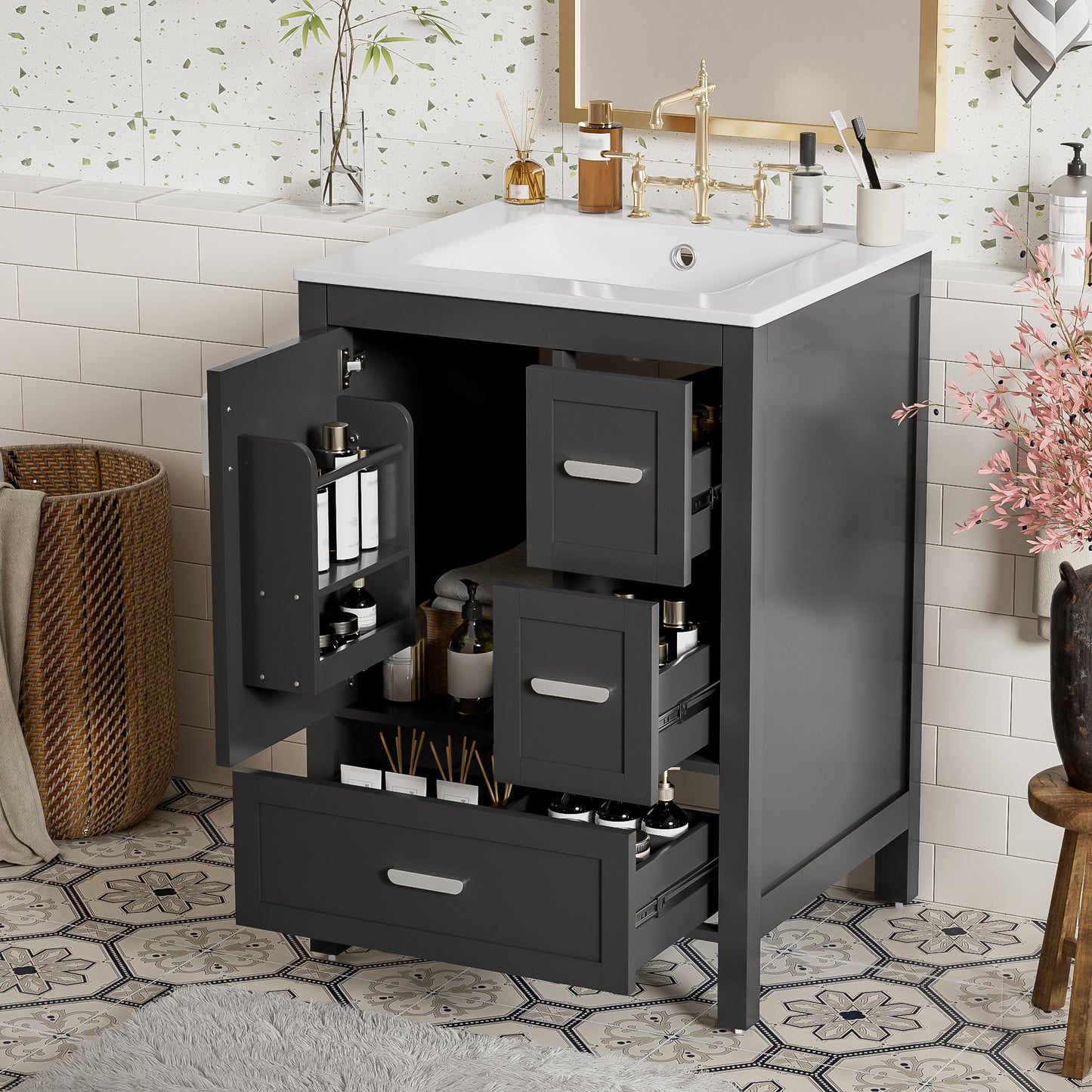 VanityFus Matte Black 24-in Bathroom Vanity Single Sink Combo White Ceramic Top 1 Soft-Close Doors 3 Drawers