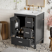 VanityFus Matte Black 24-in Bathroom Vanity Single Sink Combo White Ceramic Top 1 Soft-Close Doors 3 Drawers