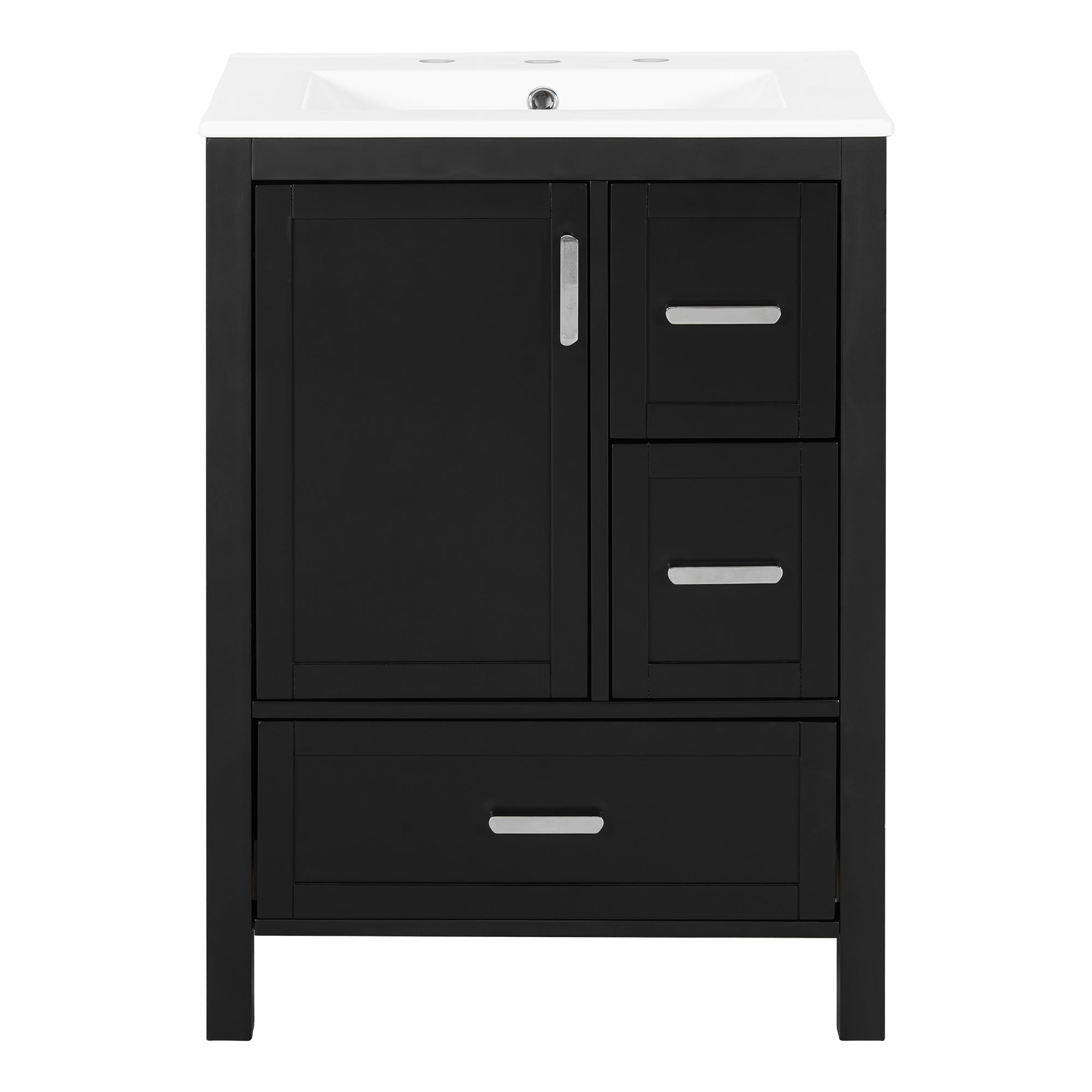 VanityFus Matte Black 24-in Bathroom Vanity Single Sink Combo White Ceramic Top 1 Soft-Close Doors 3 Drawers