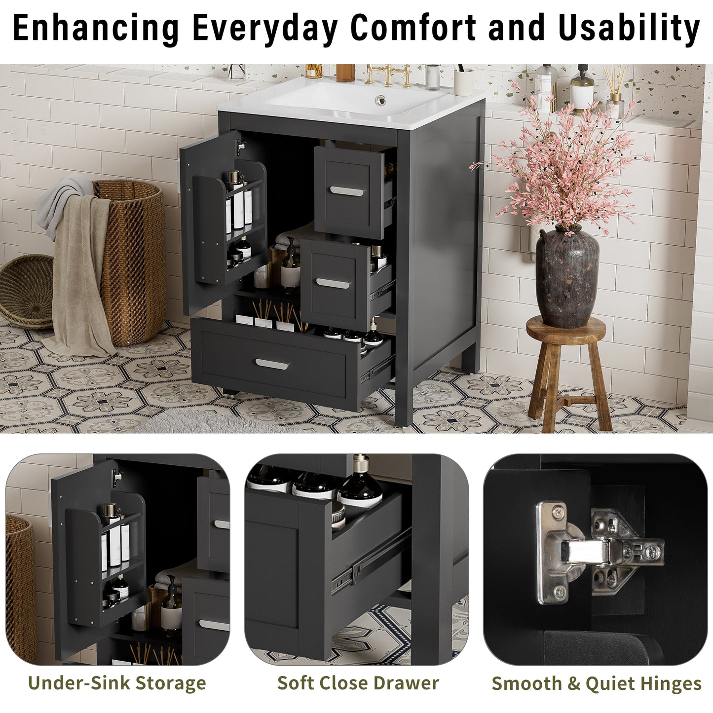 VanityFus Matte Black 24-in Bathroom Vanity Single Sink Combo White Ceramic Top 1 Soft-Close Doors 3 Drawers