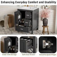 VanityFus Matte Black 24-in Bathroom Vanity Single Sink Combo White Ceramic Top 1 Soft-Close Doors 3 Drawers