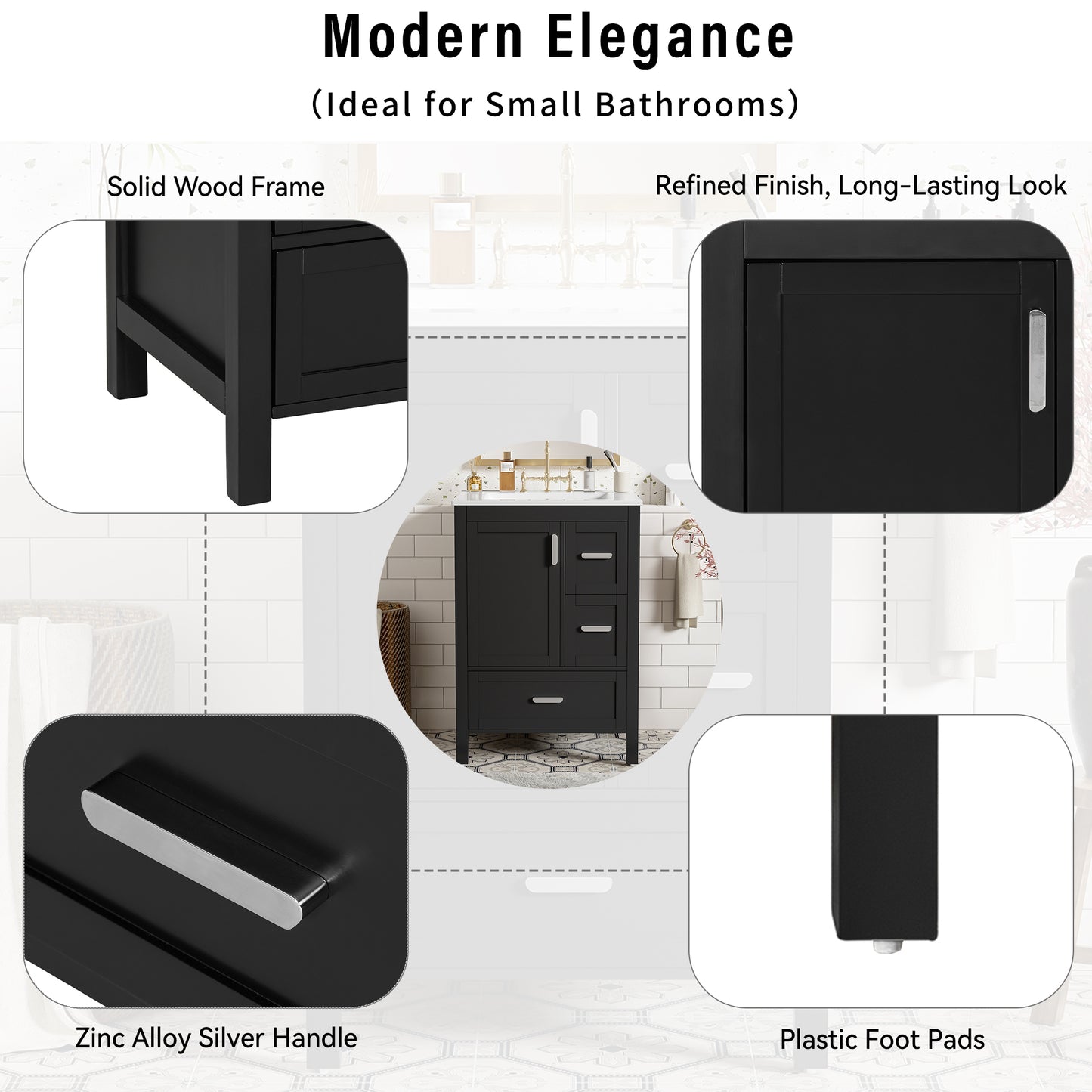 VanityFus Matte Black 24-in Bathroom Vanity Single Sink Combo White Ceramic Top 1 Soft-Close Doors 3 Drawers