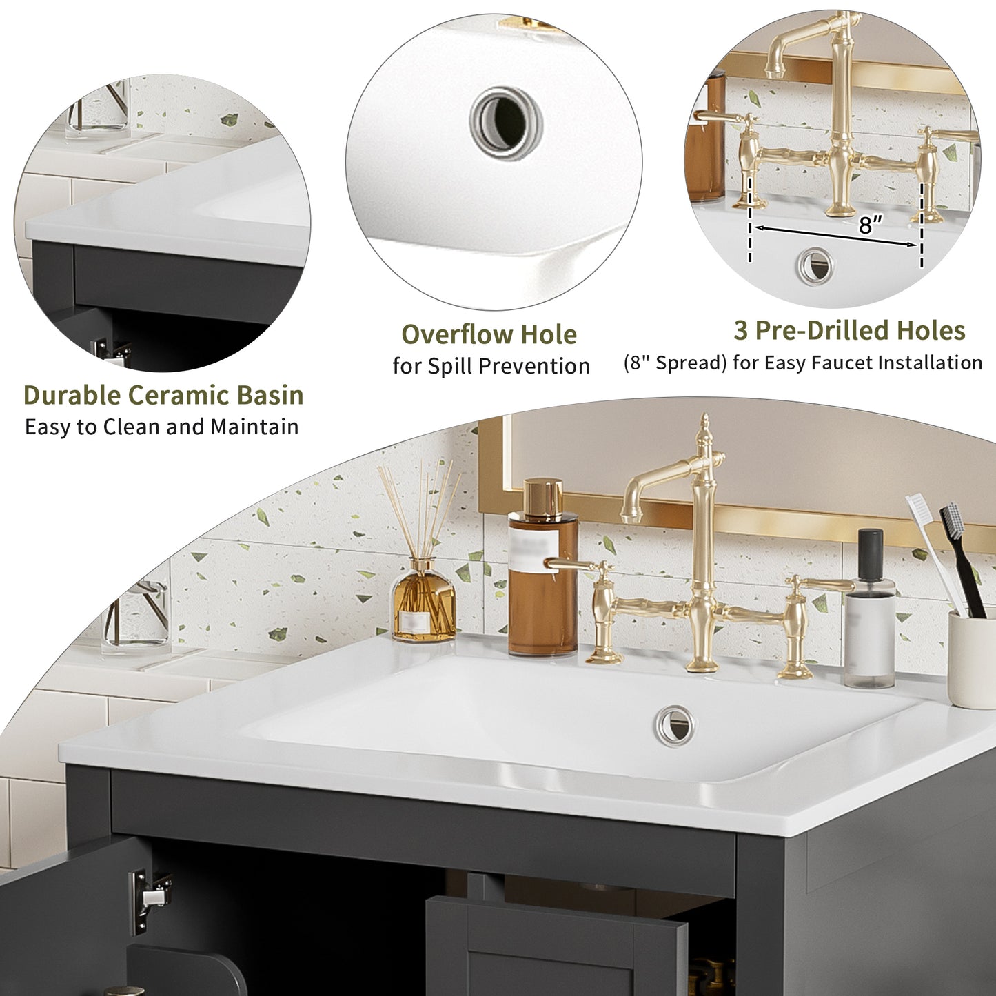 VanityFus Matte Black 24-in Bathroom Vanity Single Sink Combo White Ceramic Top 1 Soft-Close Doors 3 Drawers