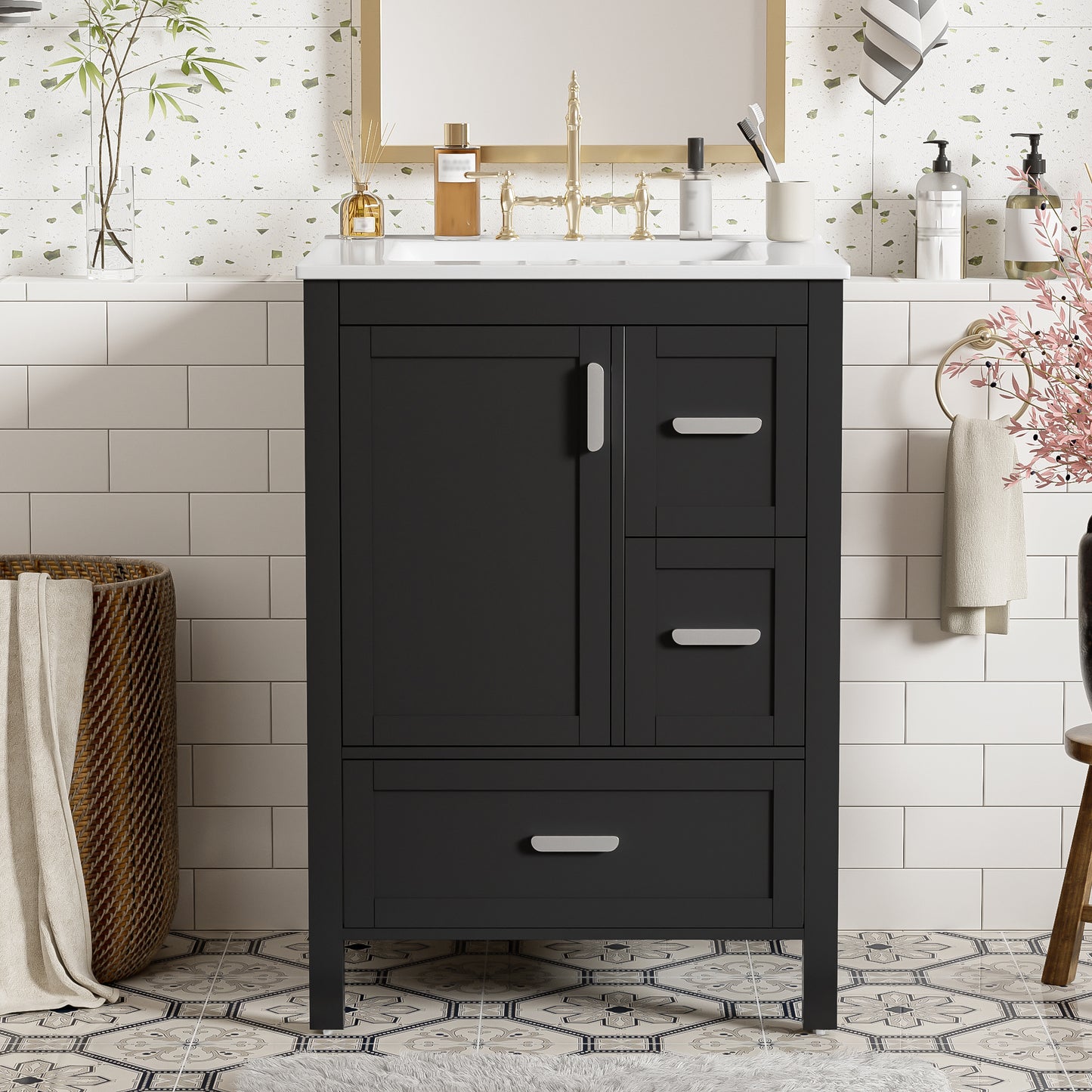 VanityFus Matte Black 24-in Bathroom Vanity Single Sink Combo White Ceramic Top 1 Soft-Close Doors 3 Drawers