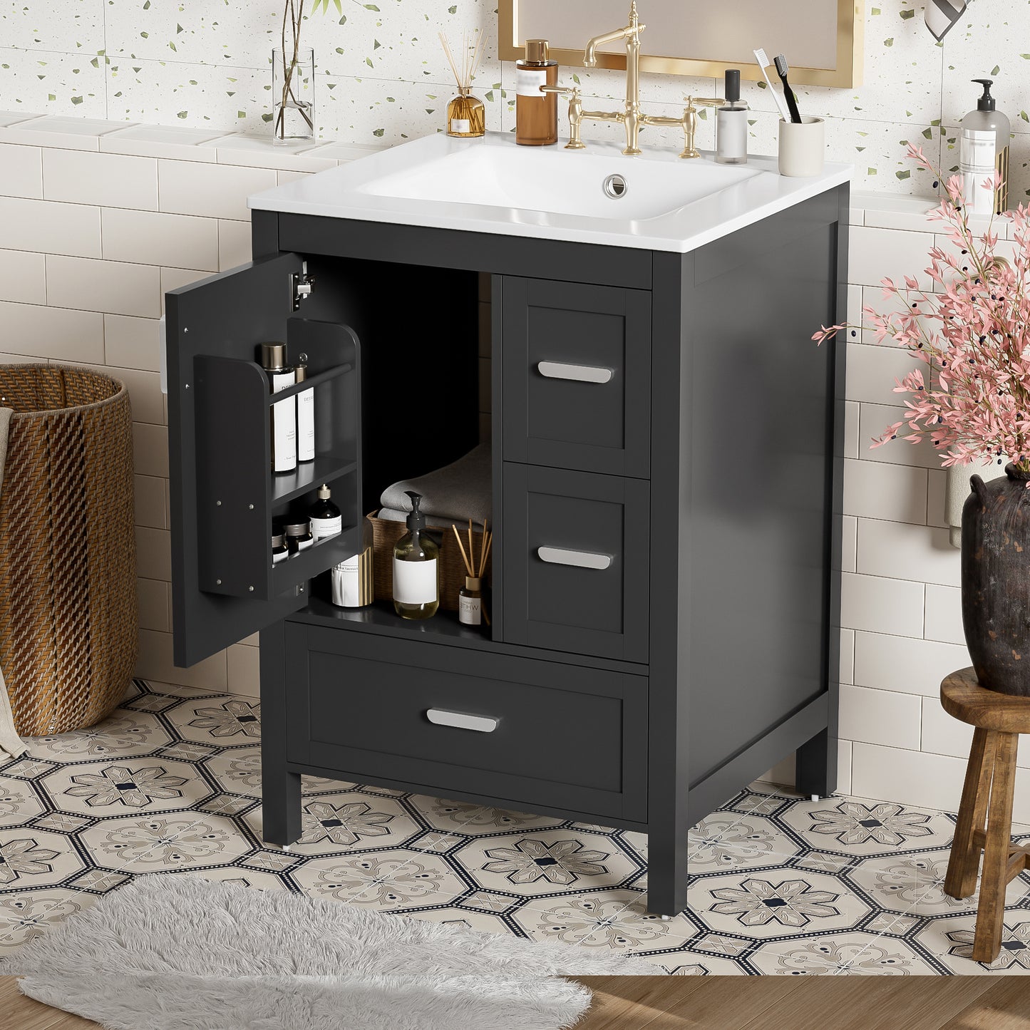 VanityFus Matte Black 24-in Bathroom Vanity Single Sink Combo White Ceramic Top 1 Soft-Close Doors 3 Drawers