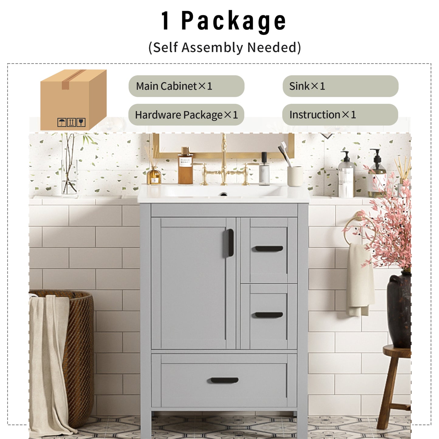 VanityFus Gray 24-in Bathroom Vanity Single Sink Combo Ceramic Top 1 Soft-Close Doors 3 Drawers