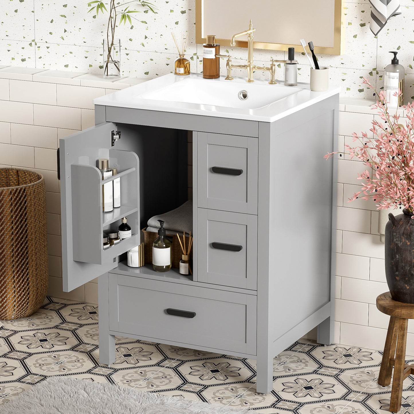 VanityFus Gray 24-in Bathroom Vanity Single Sink Combo Ceramic Top 1 Soft-Close Doors 3 Drawers