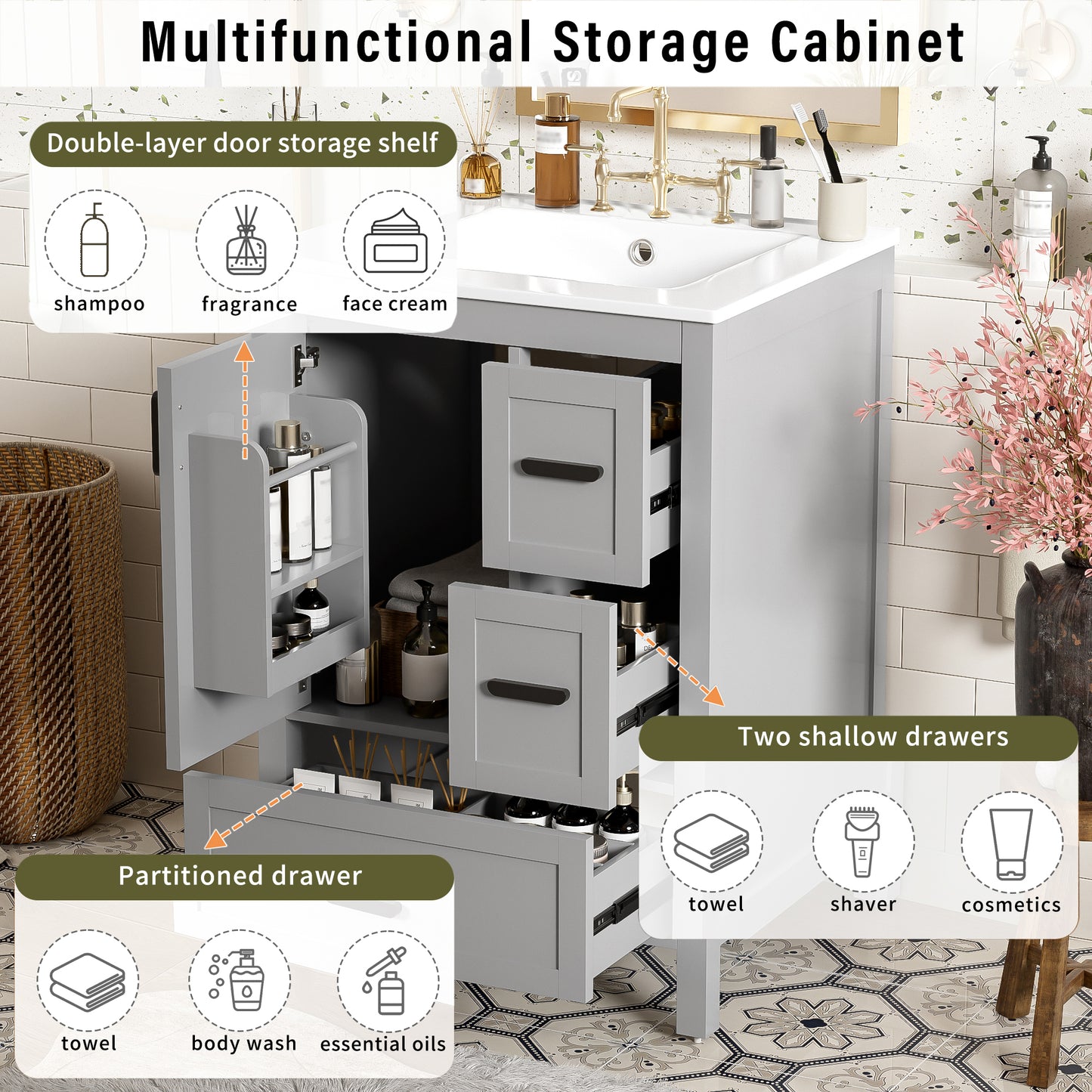 VanityFus Gray 24-in Bathroom Vanity Single Sink Combo Ceramic Top 1 Soft-Close Doors 3 Drawers
