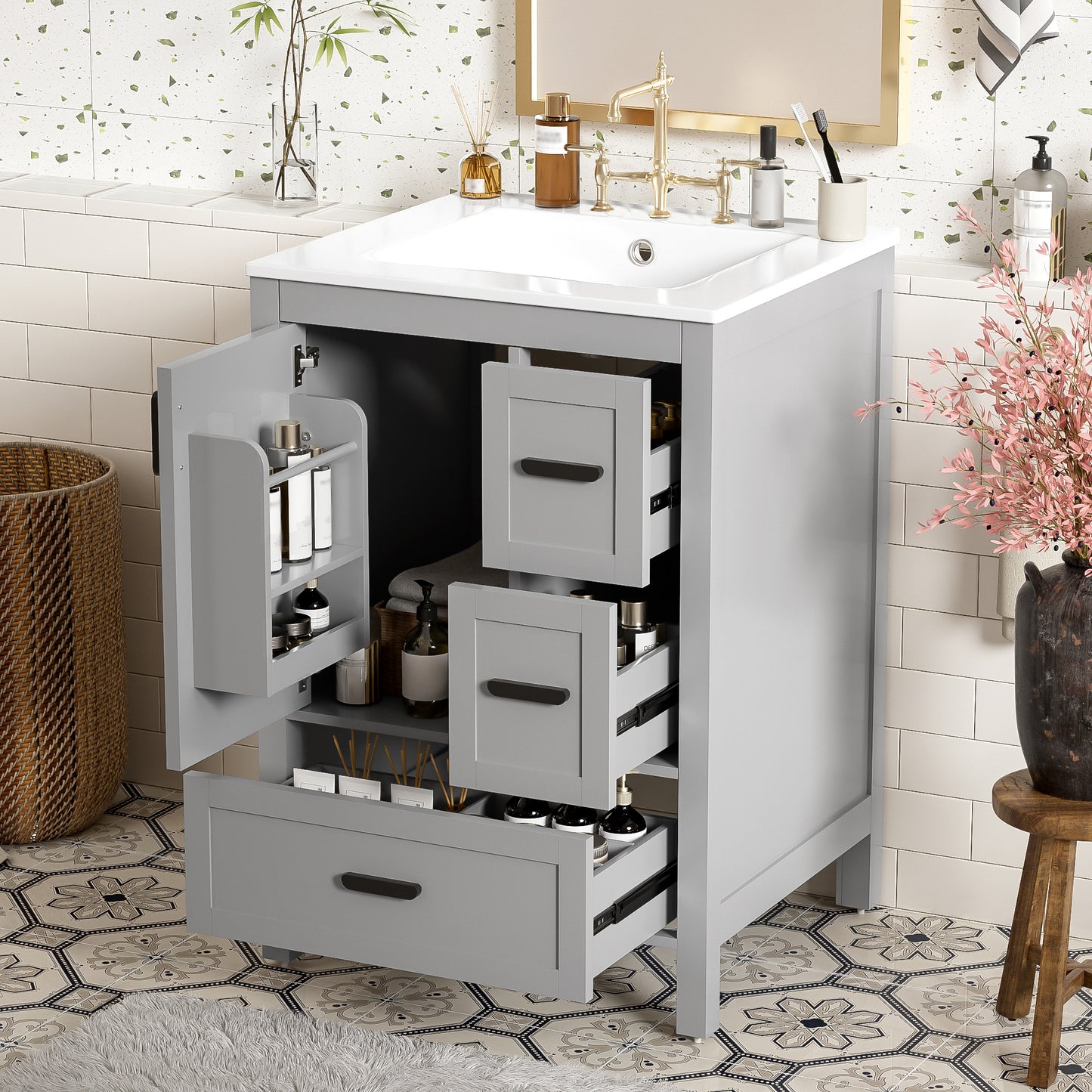 VanityFus Gray 24-in Bathroom Vanity Single Sink Combo Ceramic Top 1 Soft-Close Doors 3 Drawers