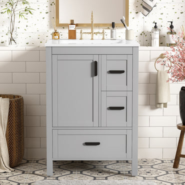VanityFus Gray 24-in Bathroom Vanity Single Sink Combo Ceramic Top 1 Soft-Close Doors 3 Drawers