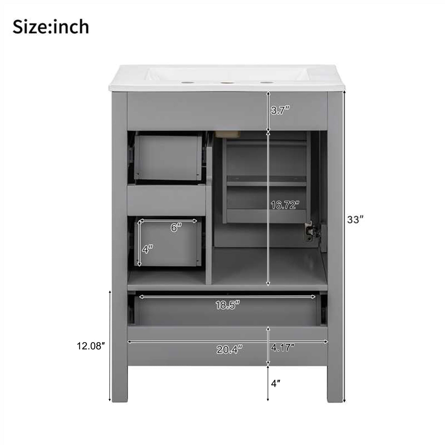 VanityFus Gray 24-in Bathroom Vanity Single Sink Combo Ceramic Top 1 Soft-Close Doors 3 Drawers