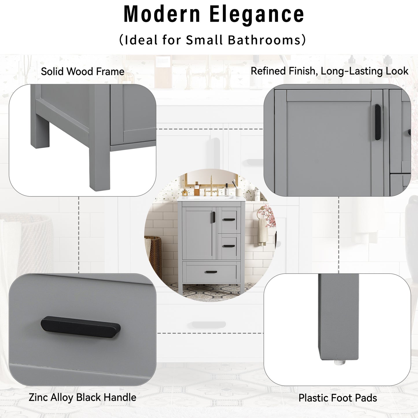 VanityFus Gray 24-in Bathroom Vanity Single Sink Combo Ceramic Top 1 Soft-Close Doors 3 Drawers