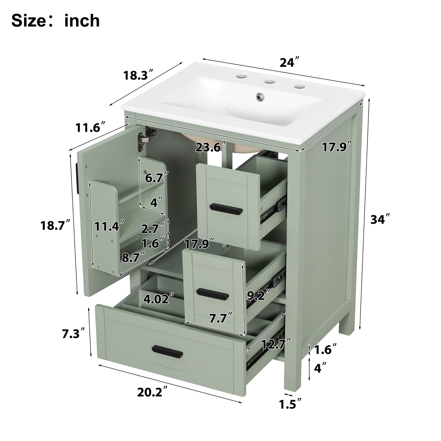 VanityFus Green 24-in Bathroom Vanity Single Sink Combo Ceramic Top 1 Soft-Close Doors 3 Drawers