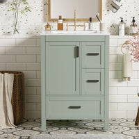 VanityFus Green 24-in Bathroom Vanity Single Sink Combo Ceramic Top 1 Soft-Close Doors 3 Drawers