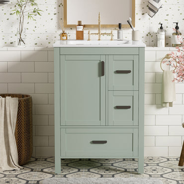 VanityFus Green 24-in Bathroom Vanity Single Sink Combo Ceramic Top 1 Soft-Close Doors 3 Drawers