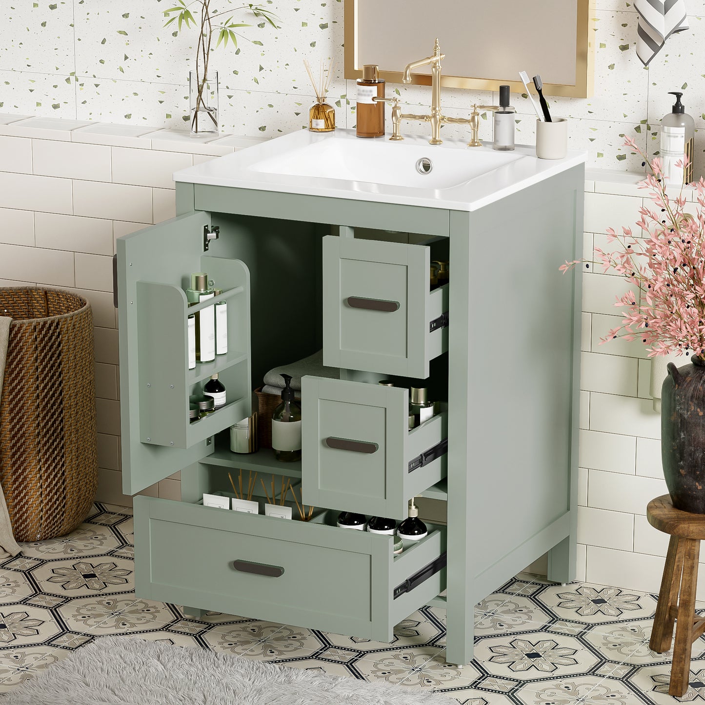 VanityFus Green 24-in Bathroom Vanity Single Sink Combo Ceramic Top 1 Soft-Close Doors 3 Drawers