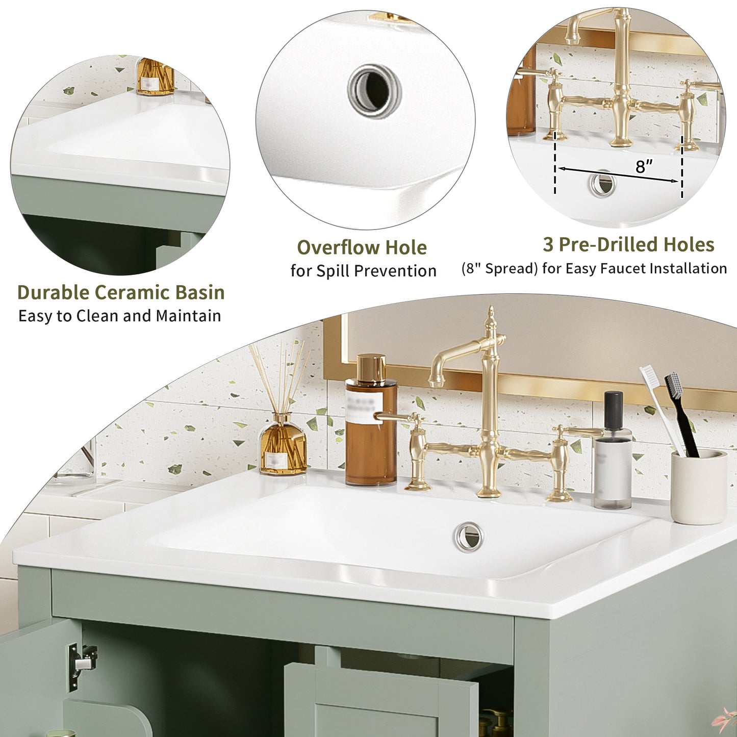 VanityFus Green 24-in Bathroom Vanity Single Sink Combo Ceramic Top 1 Soft-Close Doors 3 Drawers