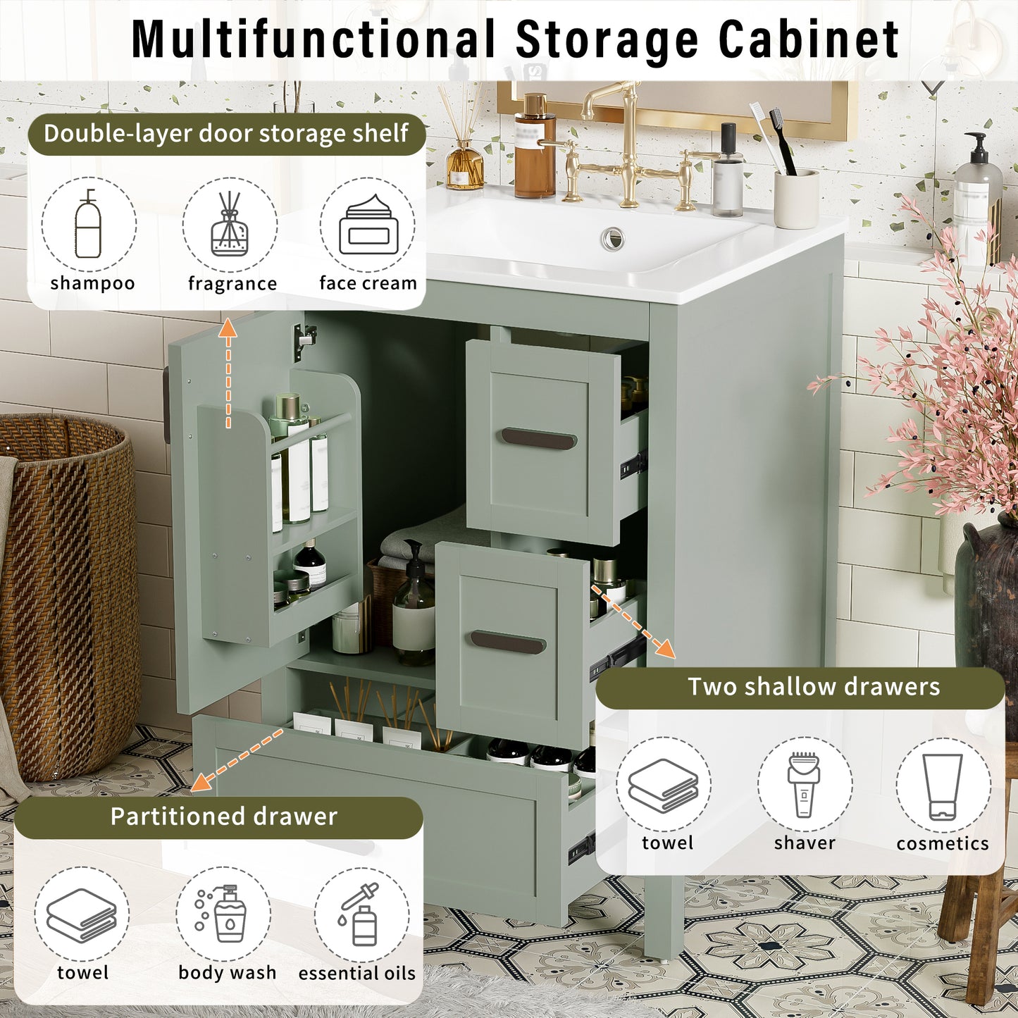 VanityFus Green 24-in Bathroom Vanity Single Sink Combo Ceramic Top 1 Soft-Close Doors 3 Drawers