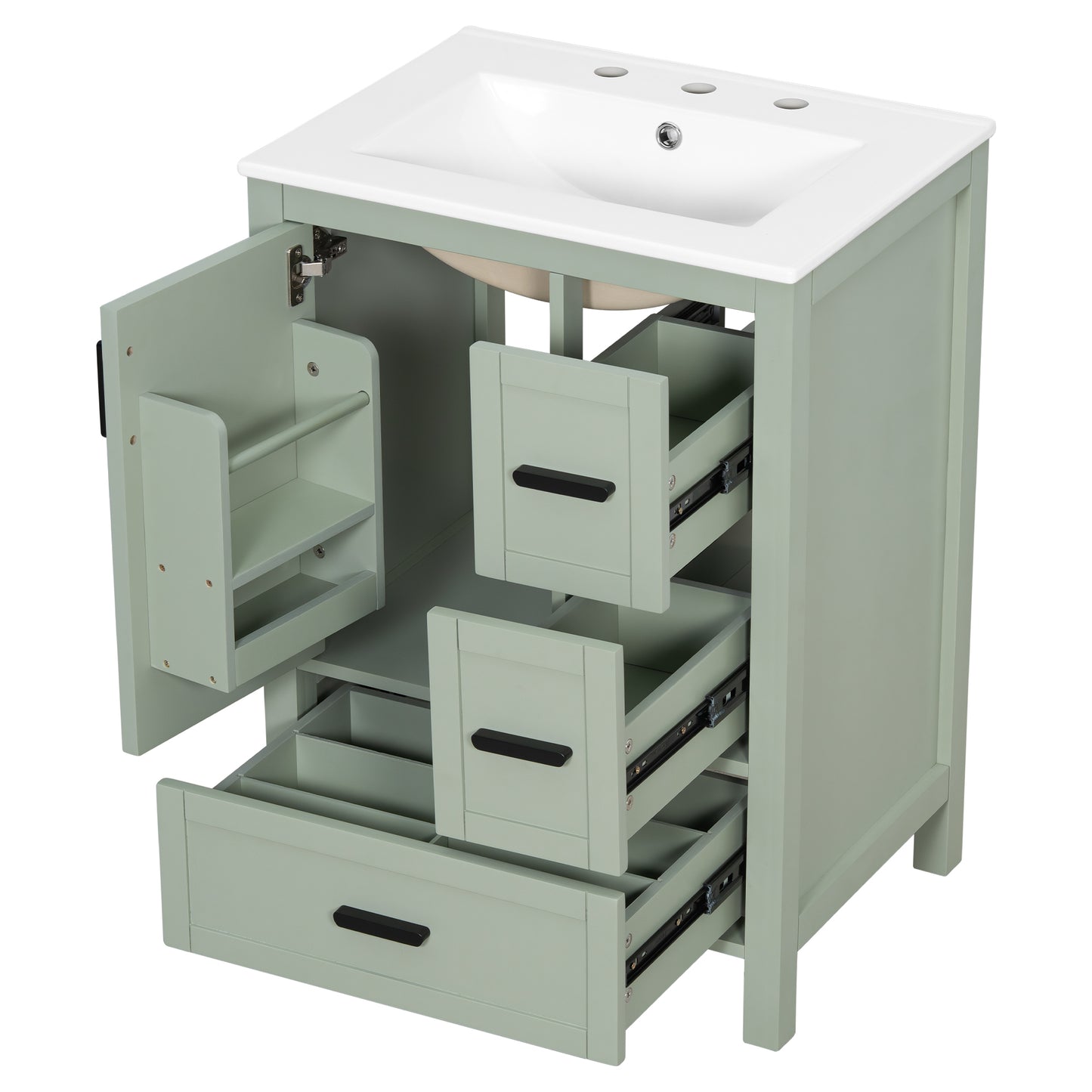 VanityFus Green 24-in Bathroom Vanity Single Sink Combo Ceramic Top 1 Soft-Close Doors 3 Drawers