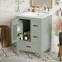 VanityFus Green 24-in Bathroom Vanity Single Sink Combo Ceramic Top 1 Soft-Close Doors 3 Drawers