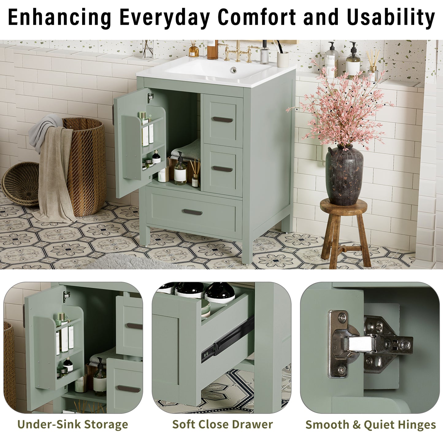 VanityFus Green 24-in Bathroom Vanity Single Sink Combo Ceramic Top 1 Soft-Close Doors 3 Drawers