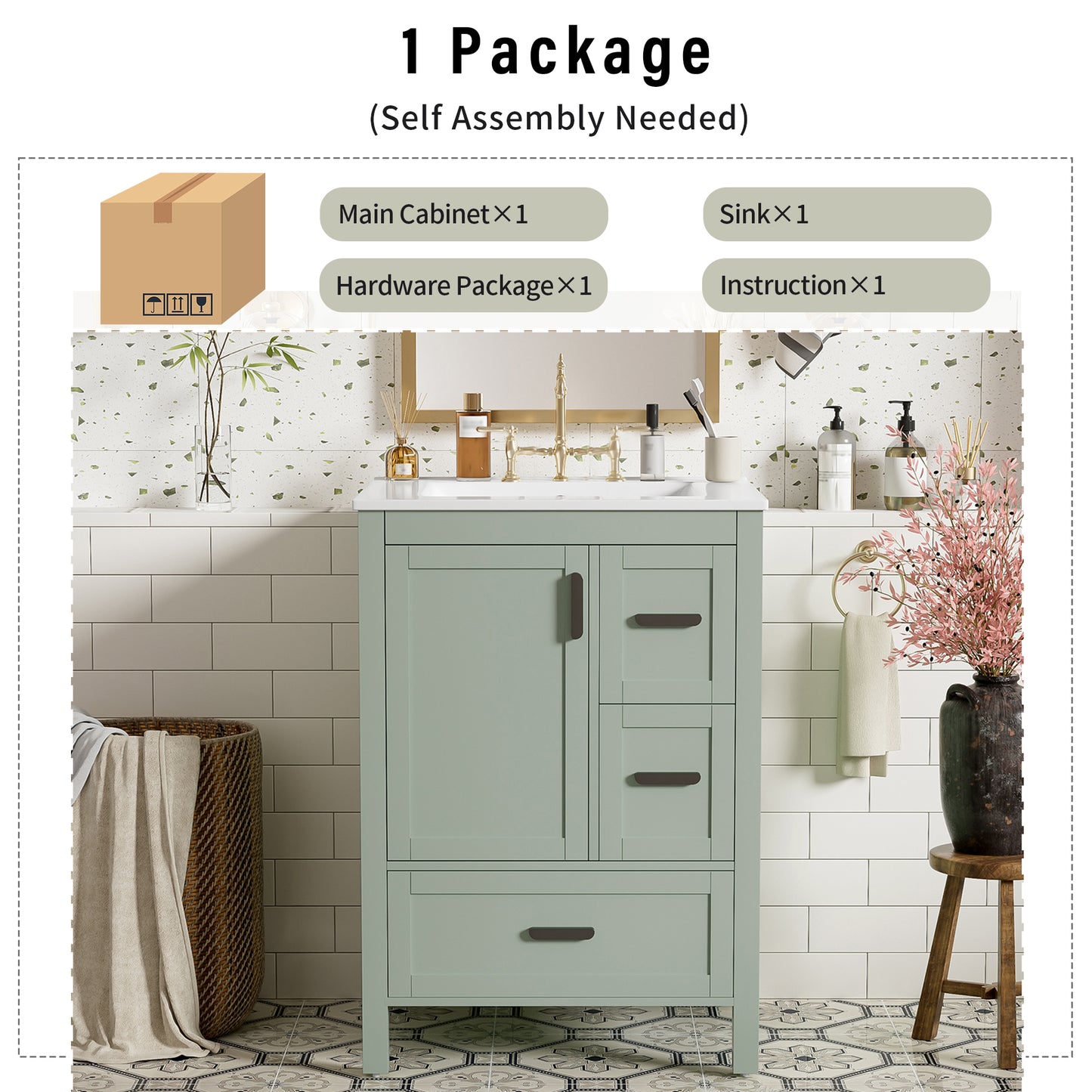 VanityFus Green 24-in Bathroom Vanity Single Sink Combo Ceramic Top 1 Soft-Close Doors 3 Drawers