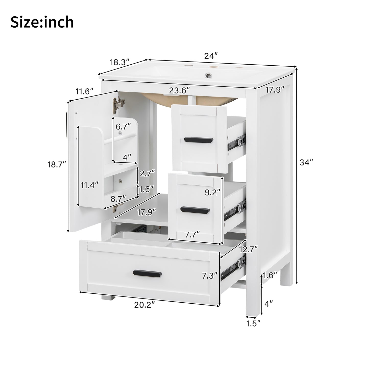 VanityFus White 24-in Bathroom Vanity Single Sink Combo Ceramic Top 1 Soft-Close Doors 3 Drawers