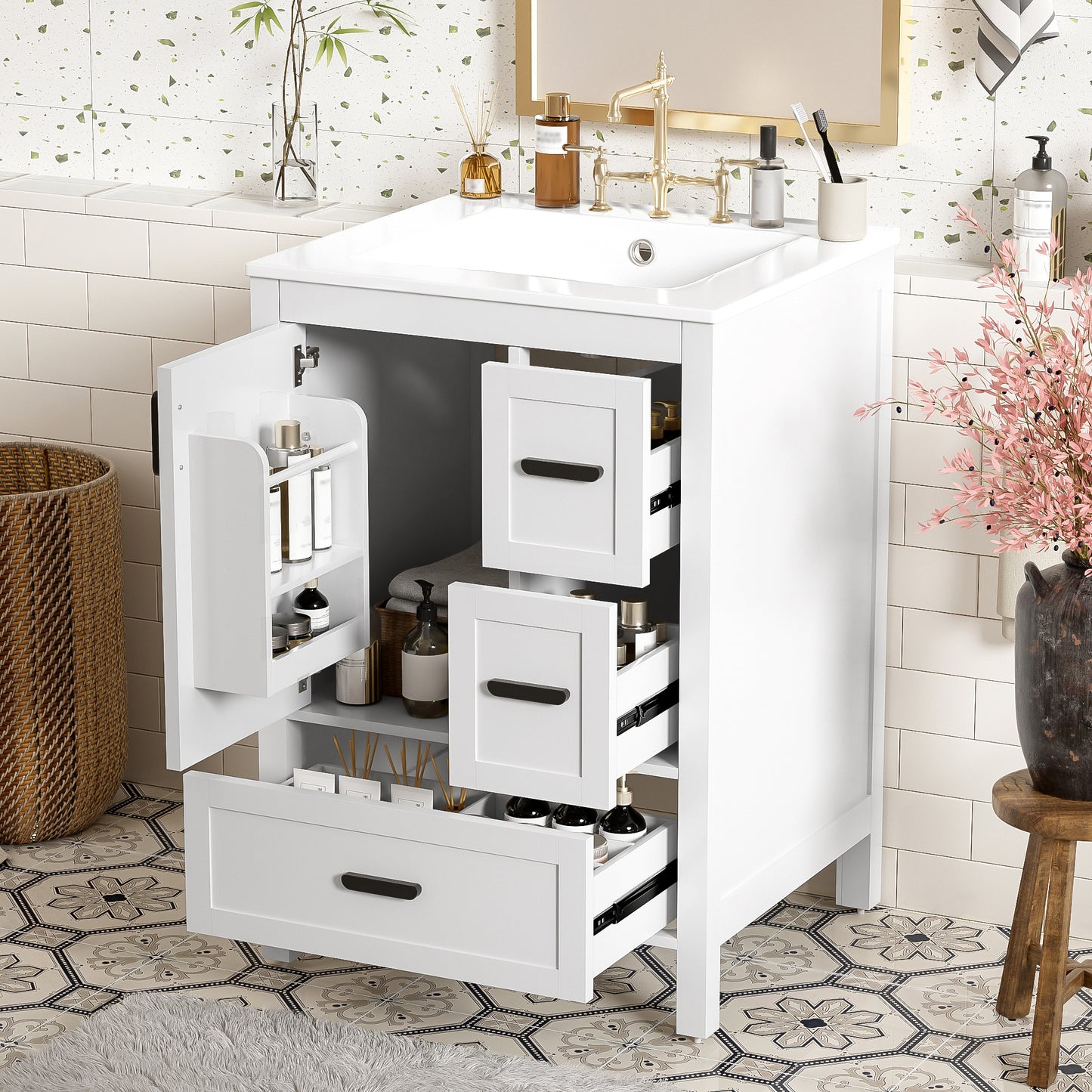 VanityFus White 24-in Bathroom Vanity Single Sink Combo Ceramic Top 1 Soft-Close Doors 3 Drawers