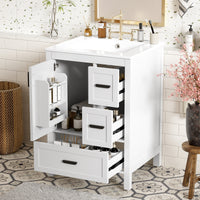 VanityFus White 24-in Bathroom Vanity Single Sink Combo Ceramic Top 1 Soft-Close Doors 3 Drawers