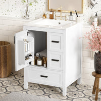 VanityFus White 24-in Bathroom Vanity Single Sink Combo Ceramic Top 1 Soft-Close Doors 3 Drawers
