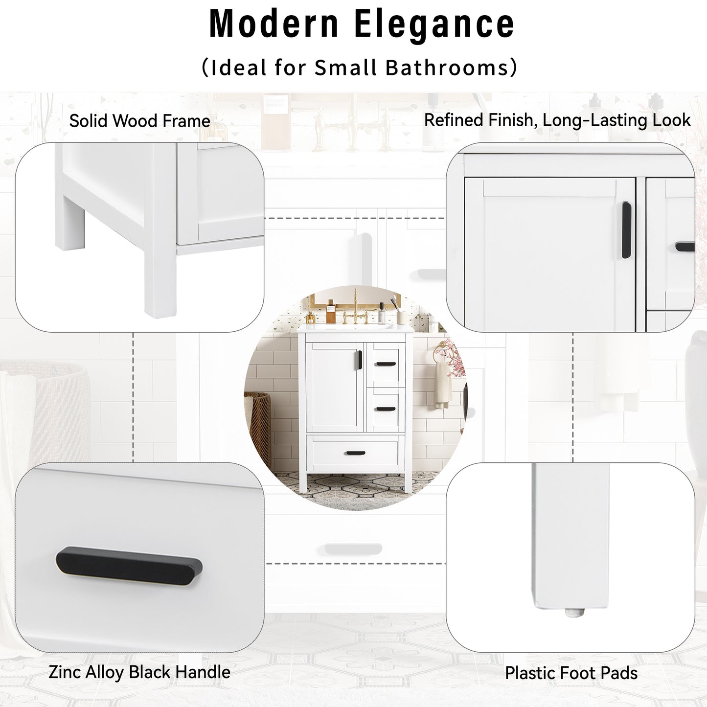 VanityFus White 24-in Bathroom Vanity Single Sink Combo Ceramic Top 1 Soft-Close Doors 3 Drawers