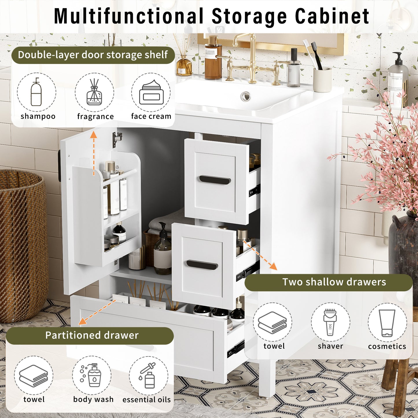VanityFus White 24-in Bathroom Vanity Single Sink Combo Ceramic Top 1 Soft-Close Doors 3 Drawers