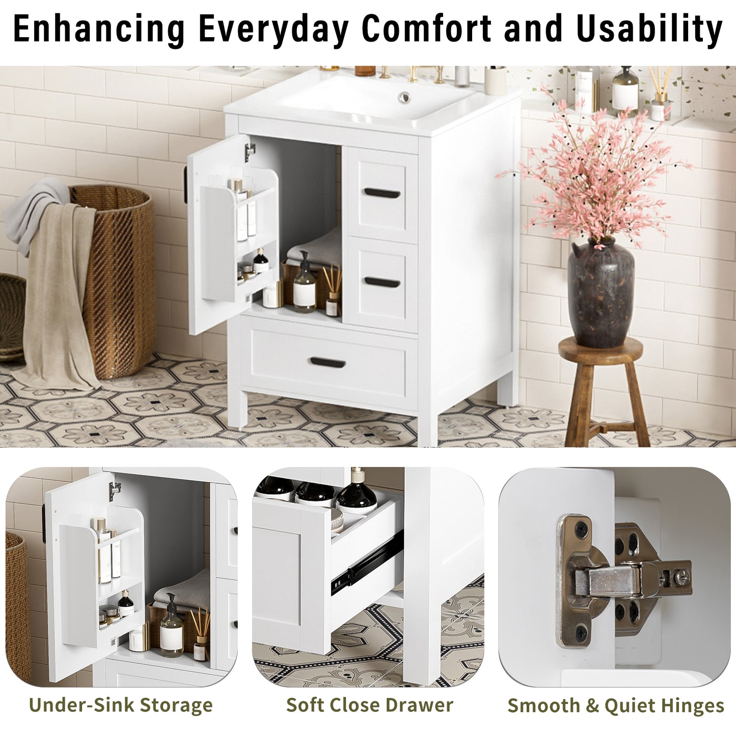 VanityFus White 24-in Bathroom Vanity Single Sink Combo Ceramic Top 1 Soft-Close Doors 3 Drawers