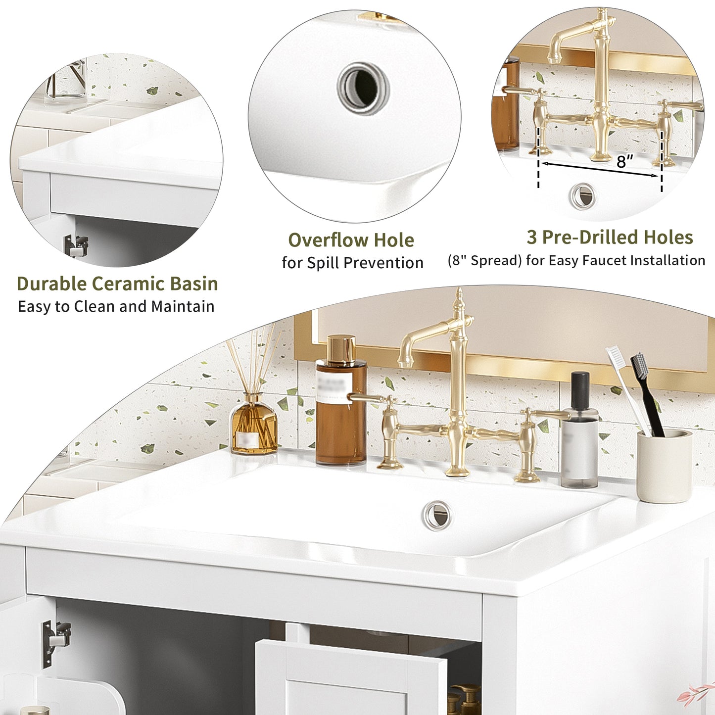 VanityFus White 24-in Bathroom Vanity Single Sink Combo Ceramic Top 1 Soft-Close Doors 3 Drawers