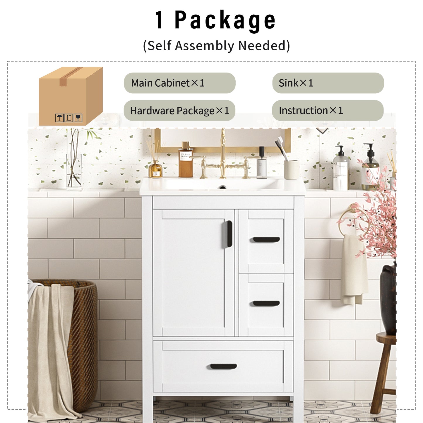 VanityFus White 24-in Bathroom Vanity Single Sink Combo Ceramic Top 1 Soft-Close Doors 3 Drawers