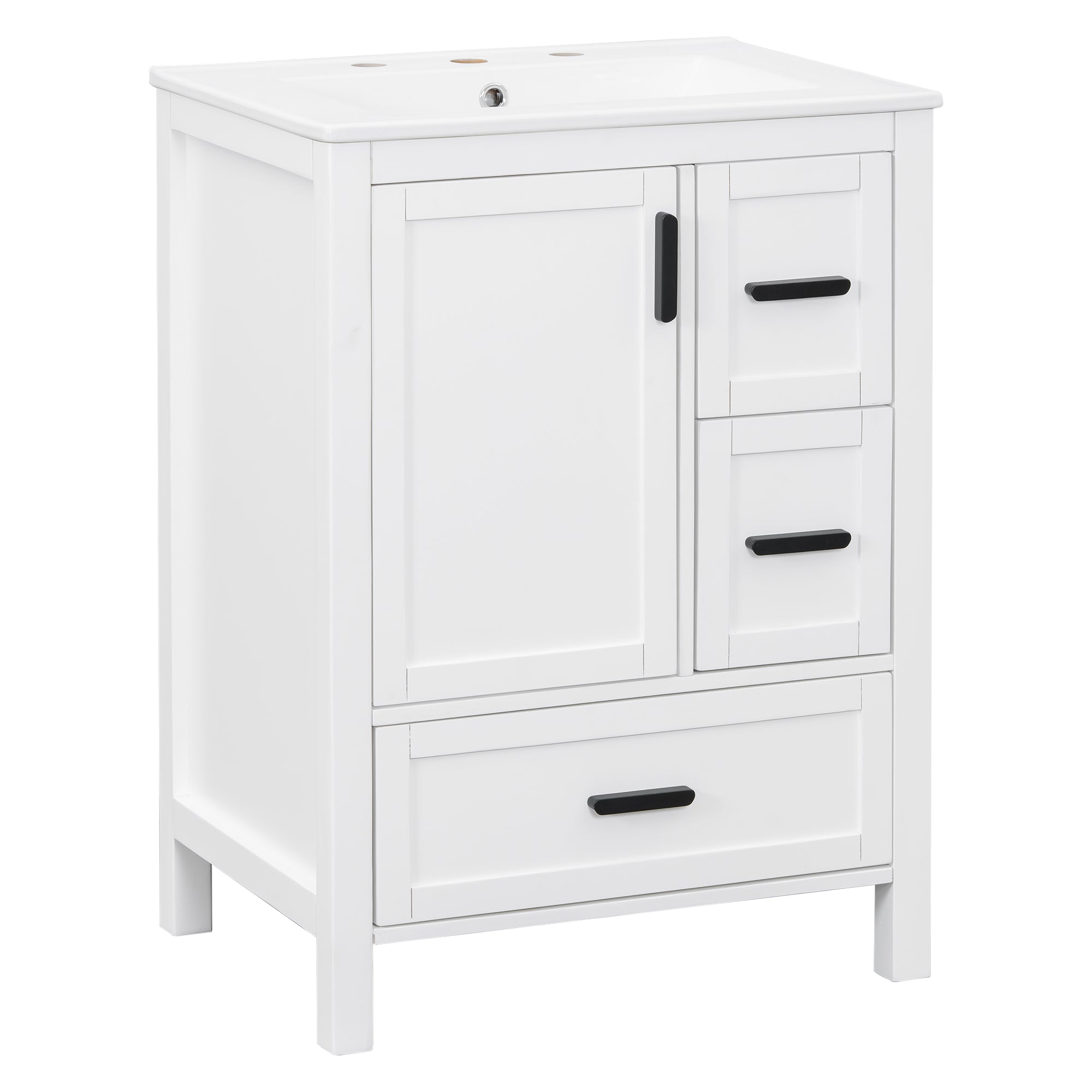 VanityFus White 24-in Bathroom Vanity Single Sink Combo Ceramic Top 1 Soft-Close Doors 3 Drawers