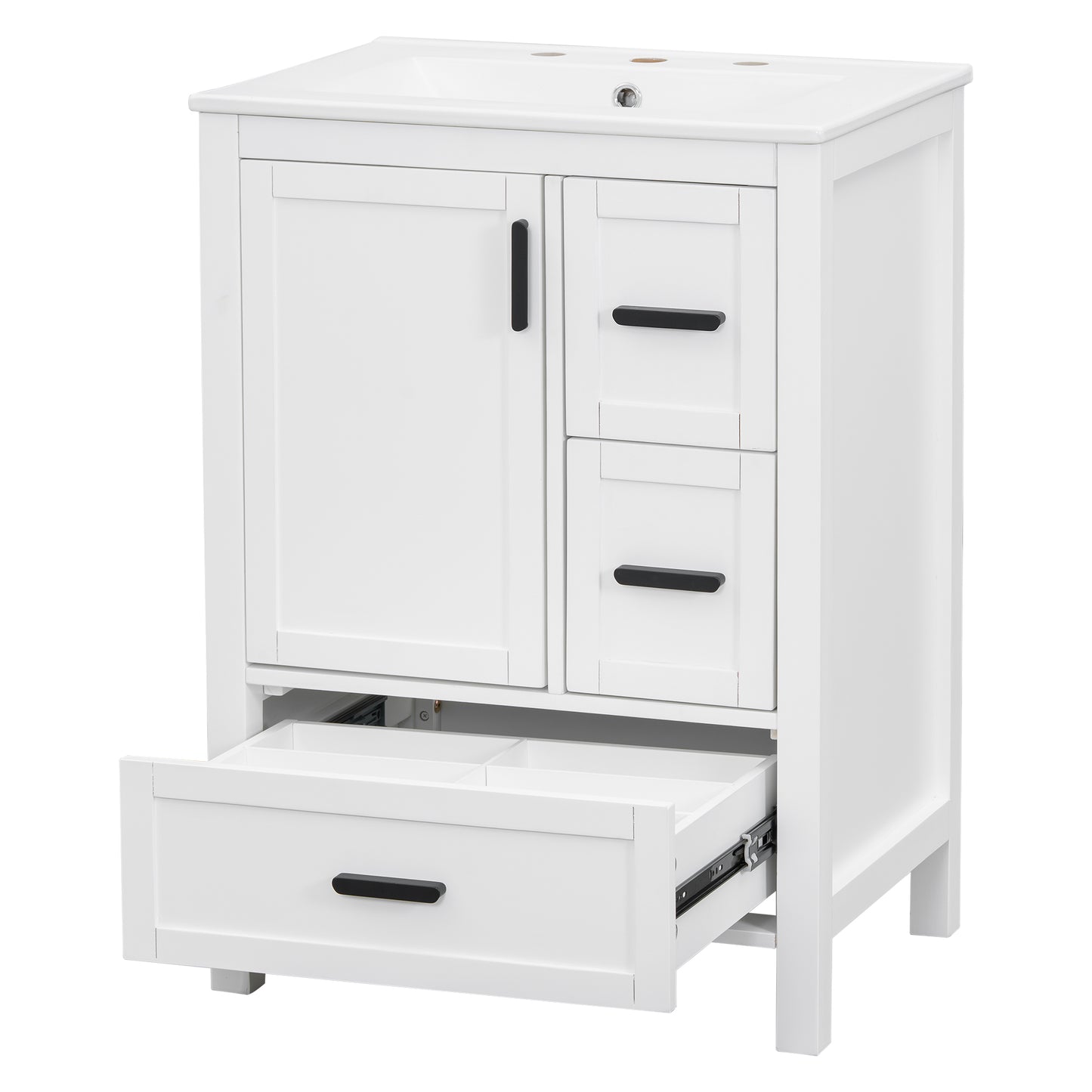 VanityFus White 24-in Bathroom Vanity Single Sink Combo Ceramic Top 1 Soft-Close Doors 3 Drawers
