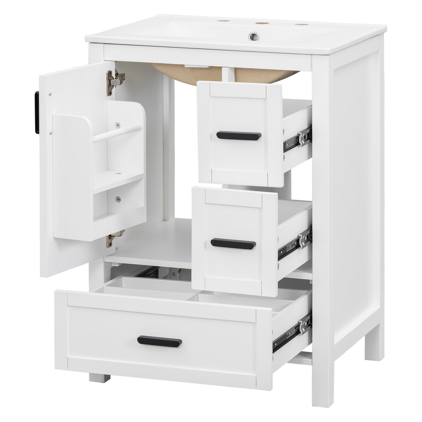 VanityFus White 24-in Bathroom Vanity Single Sink Combo Ceramic Top 1 Soft-Close Doors 3 Drawers