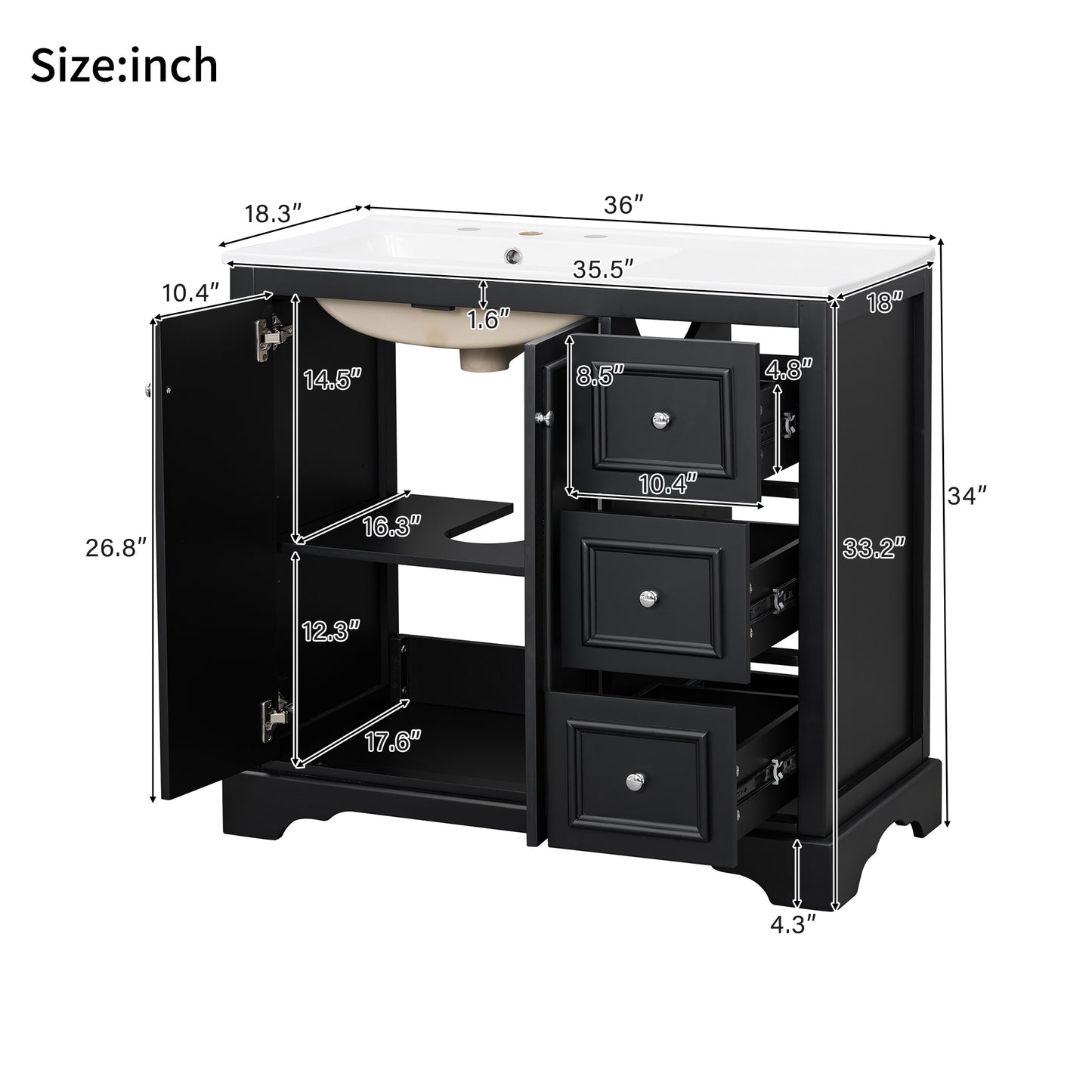 VanityFus 36-in Single Sink Combo Black Bathroom Vanity With Ceramic Top 1 Soft-Close Doors 3 drawer