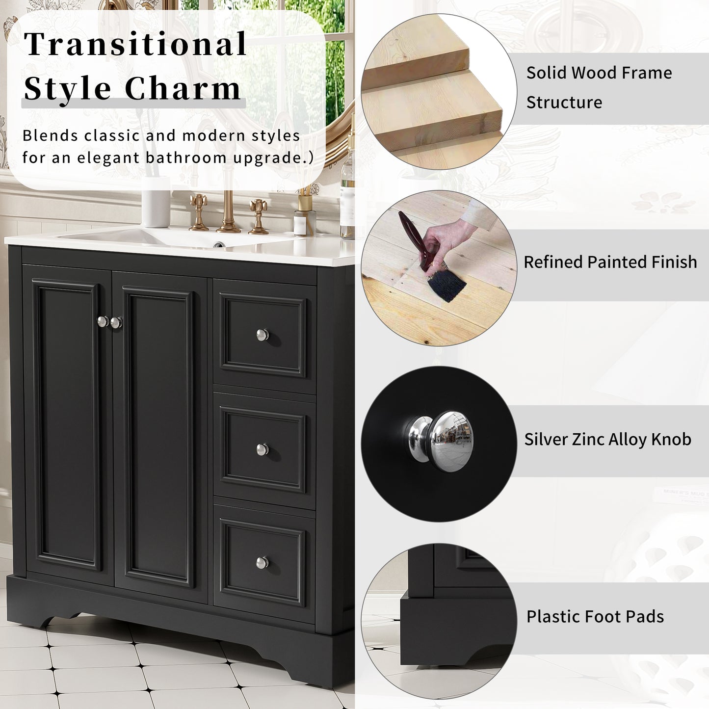 VanityFus 36-in Single Sink Combo Black Bathroom Vanity With Ceramic Top 1 Soft-Close Doors 3 drawer