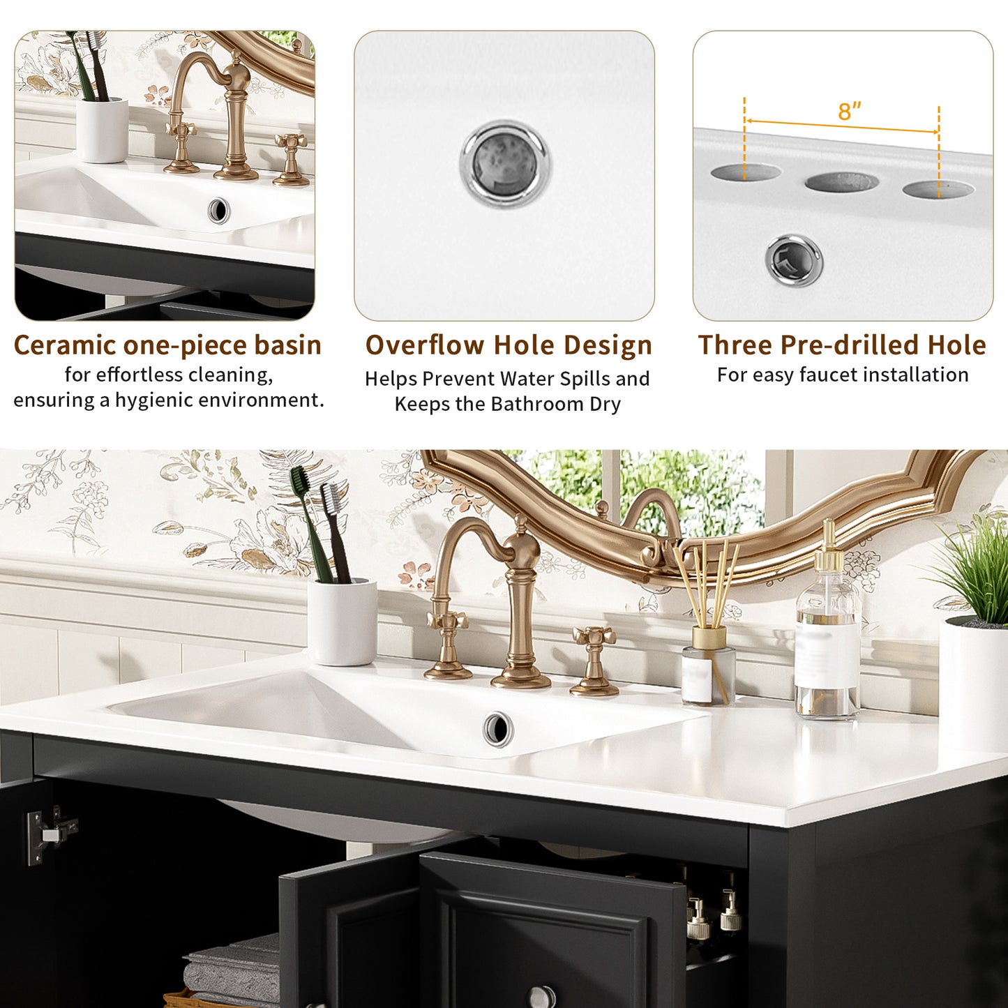 VanityFus 36-in Single Sink Combo Black Bathroom Vanity With Ceramic Top 1 Soft-Close Doors 3 drawer