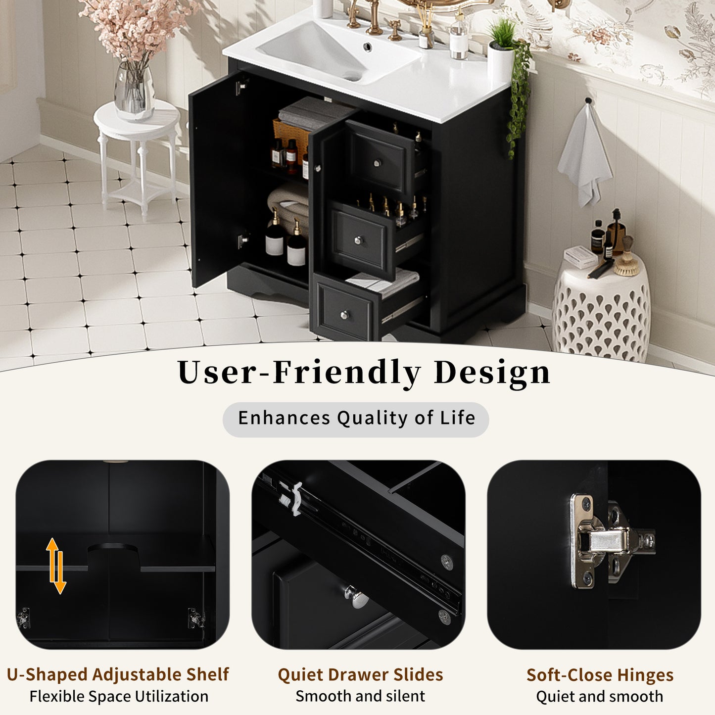 VanityFus 36-in Single Sink Combo Black Bathroom Vanity With Ceramic Top 1 Soft-Close Doors 3 drawer