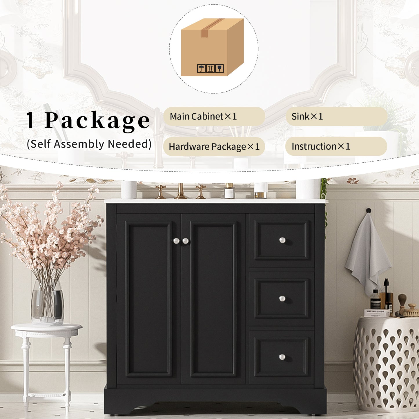 VanityFus 36-in Single Sink Combo Black Bathroom Vanity With Ceramic Top 1 Soft-Close Doors 3 drawer