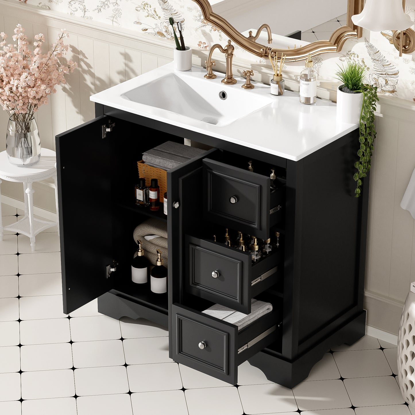 VanityFus 36-in Single Sink Combo Black Bathroom Vanity With Ceramic Top 1 Soft-Close Doors 3 drawer