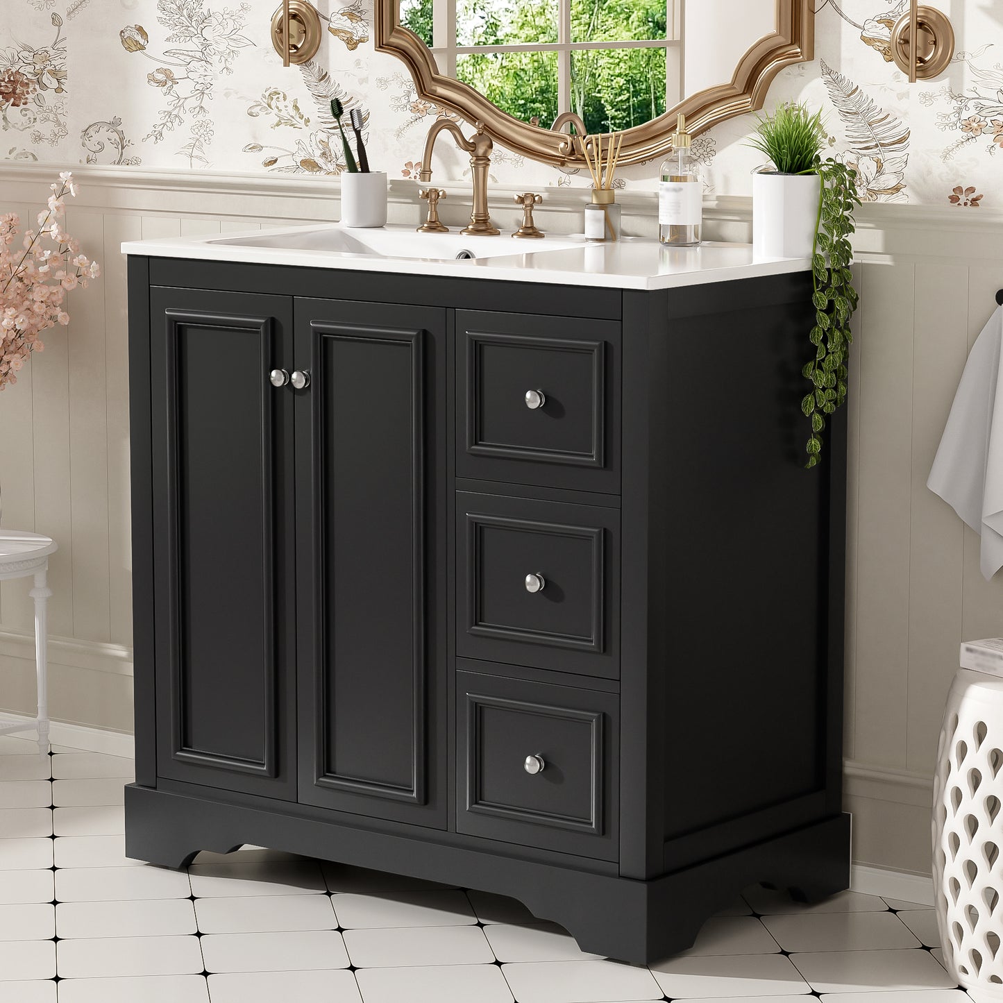 VanityFus 36-in Single Sink Combo Black Bathroom Vanity With Ceramic Top 1 Soft-Close Doors 3 drawer