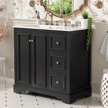 VanityFus 36-in Single Sink Combo Black Bathroom Vanity With Ceramic Top 1 Soft-Close Doors 3 drawer