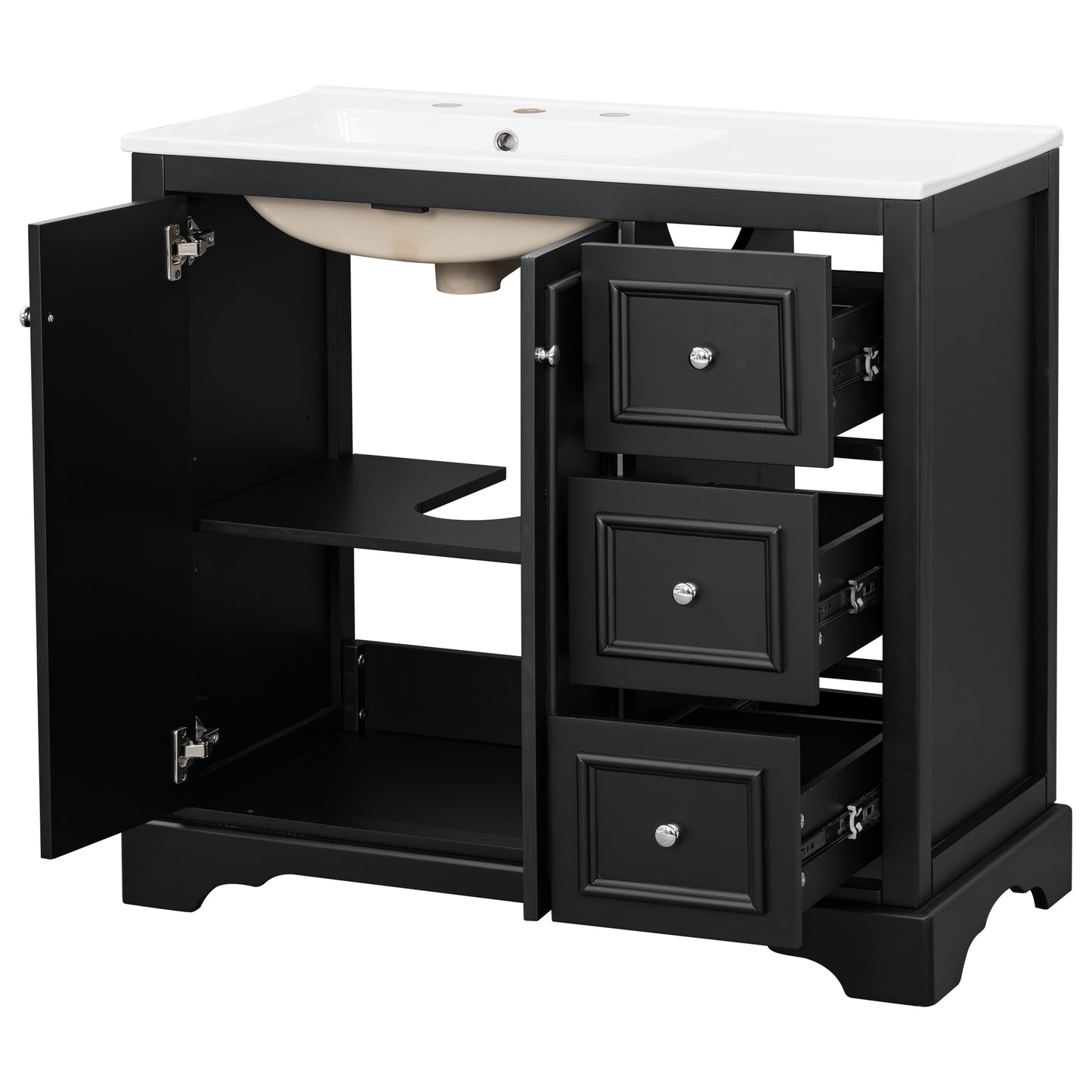 VanityFus 36-in Single Sink Combo Black Bathroom Vanity With Ceramic Top 1 Soft-Close Doors 3 drawer